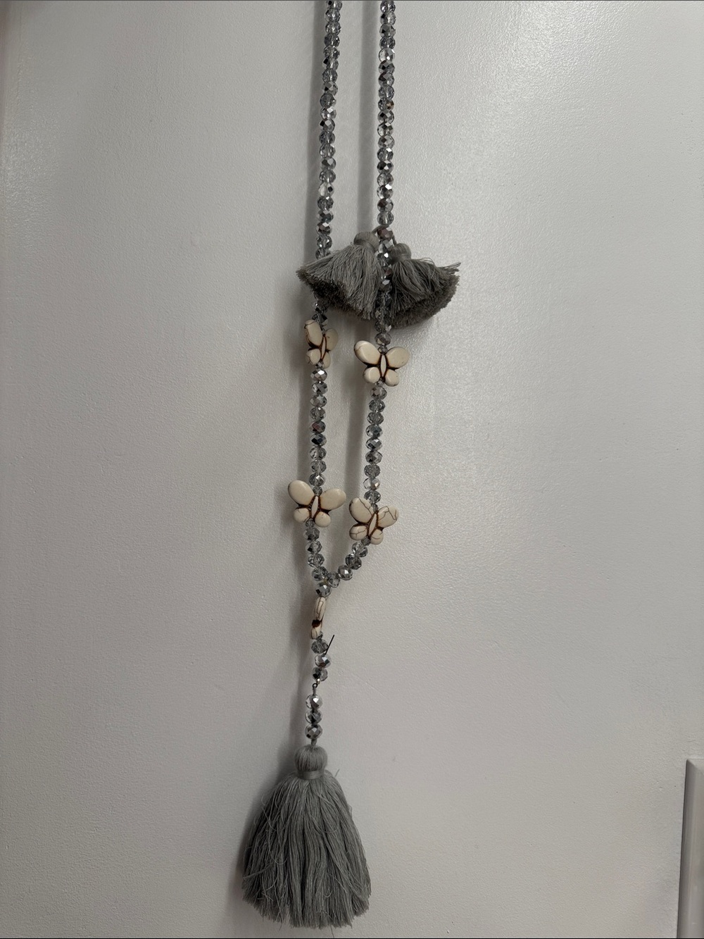 Elegant grey Tassel silver Swarovski Necklace with Butterfly Accents